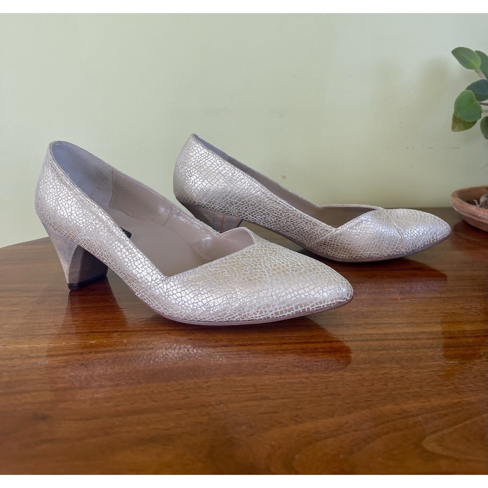 Ivory Metallic Pointed Low Block Heel Pumps
